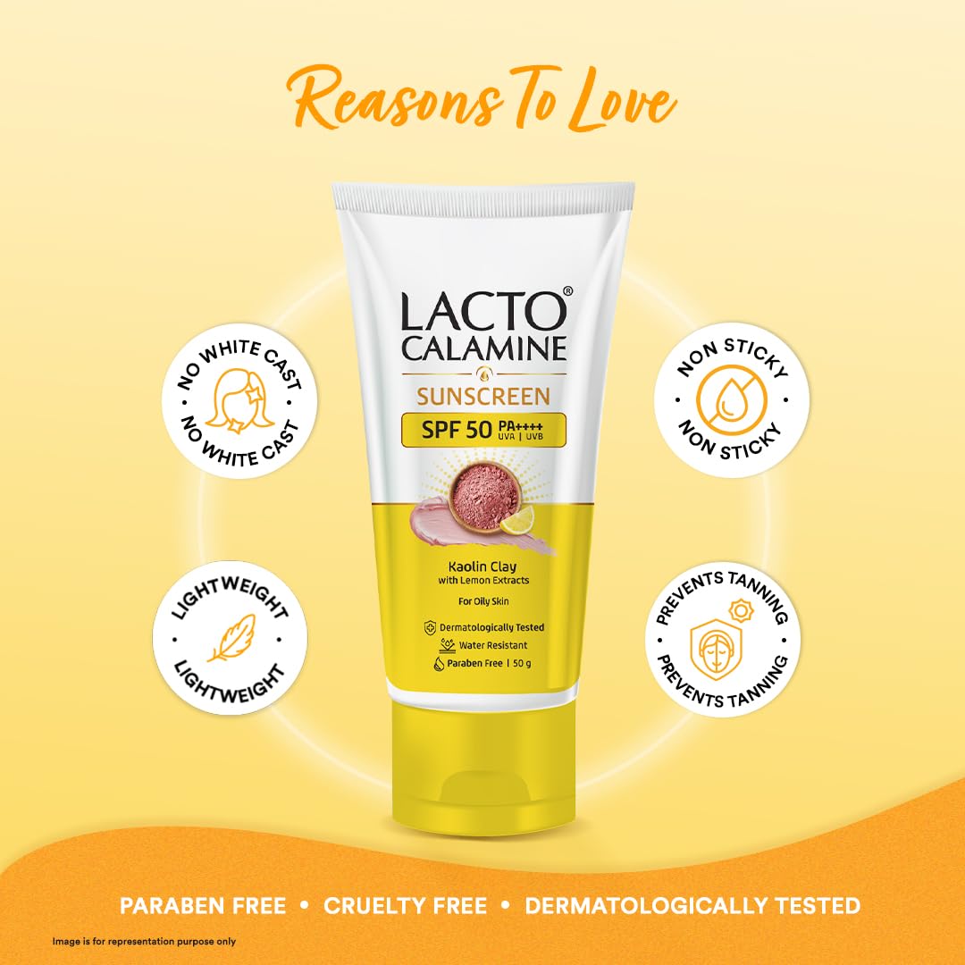 Lacto Calamine Sunscreen SPF 50 | 50g | PA ++++ For Oily Skin | UVA – UVB | Water Resistant & No White Cast | With Kaolin Clay, Vitamin E & Lemon Extracts | Paraben Free