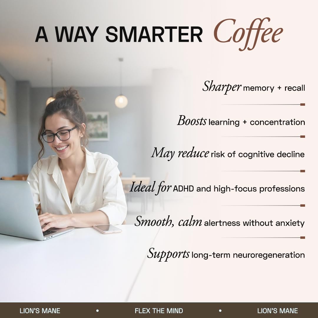 Ace Blend Lions Mane Shroom Coffee (5 Serves) | 500mg Lion's Mane Extract | KSM-66 Ashwagandha | L-Theanine & MCT Powder | Focus | Memory | Cognitive Support | Instant Coffee | Medium Roast Blend