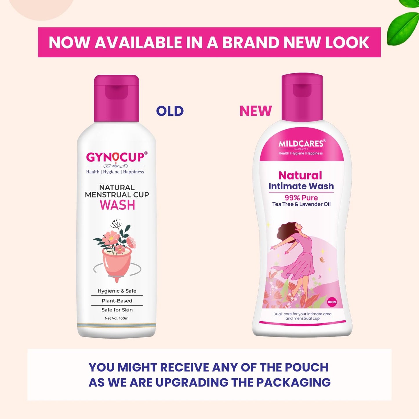 Comparison of old and new packaging for Mildcares Natural Intimate Wash bottles on a light pink background.