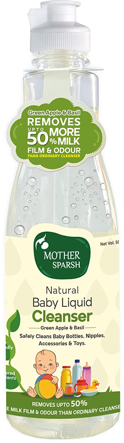 Mother Sparsh Plant Powered Natural Baby Liquid Cleanser with Basil & Green Apple Extract | for Baby Bottles, Nipples, Accessories and Toys Cleaning - 500ml