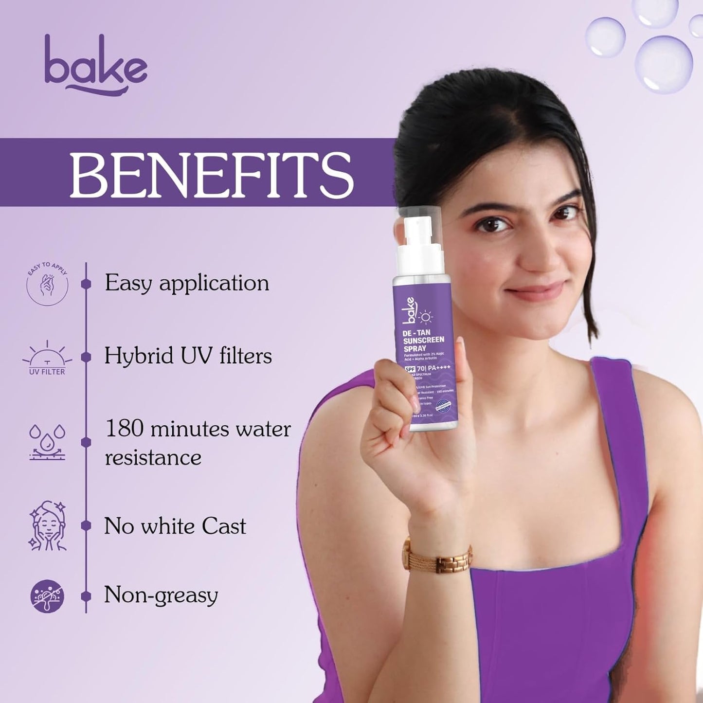BAKE Spf 70 Sunscreen Spray Pa++++|Waterproof - 180 Minutes|With 2% Kojic Acid & Alpha Arbutin,Sweat Resistant|For Tan Removal,Pigmentation & Uva/B Sun Protection|No Whitecast,Lightweight - 100Ml,All