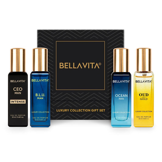 Bellavita luxury collection gift set with four perfume bottles on a white background