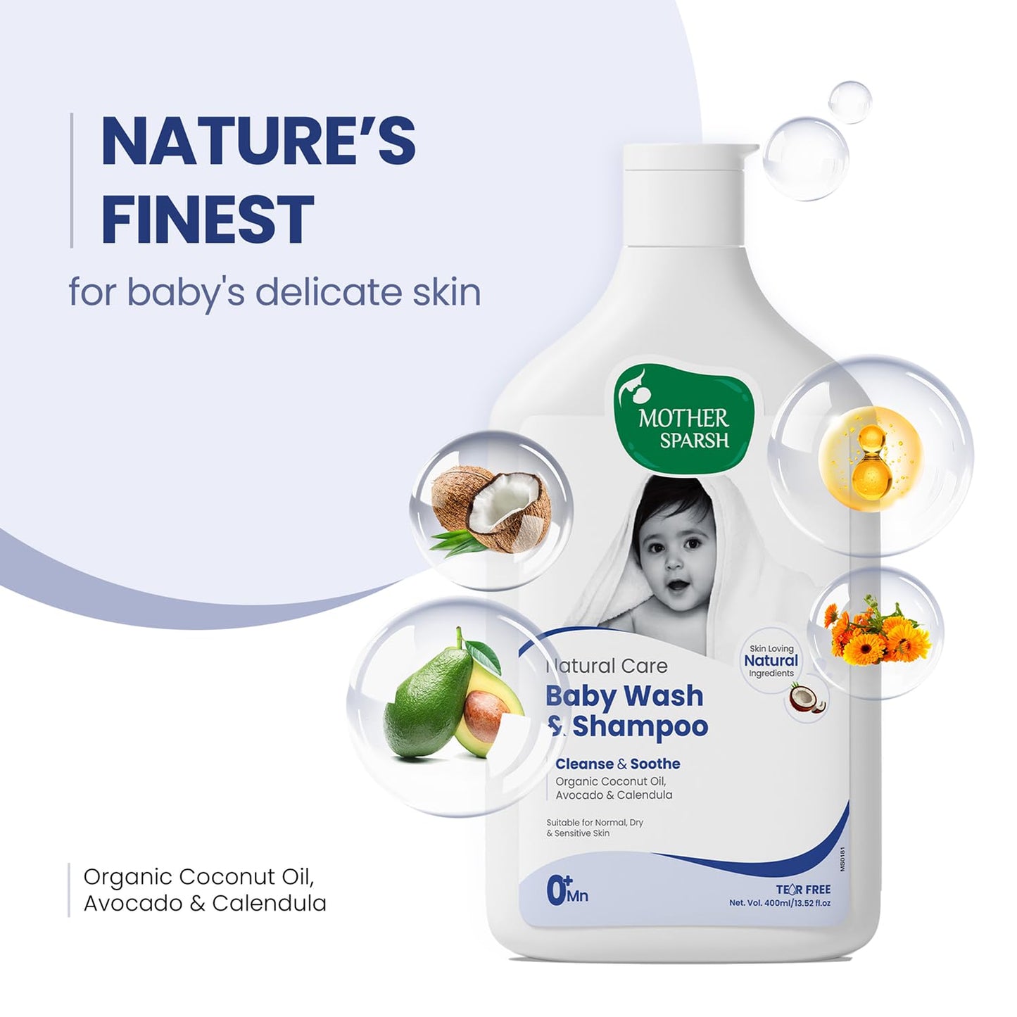 Mother Sparsh Natural Care Baby Wash & Shampoo-400ml | Baby Head to Toe Wash | Tear Free Formula With Organic Coconut Oil, Calendula & Avocado | Suitable for Newborn Sensitive Skin