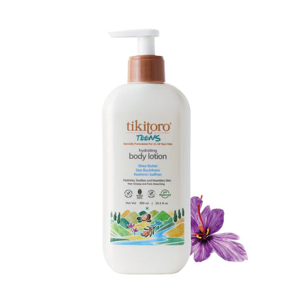 Tikitoro Teens Hydrating Body Lotion 100% Vegan with Shea Butter, Sea Buckthorn, Kashmiri Saffron Extract, Moisturises, Soothes & Nourishes Skin (Age: 11+ Years) (300 ml x 1)