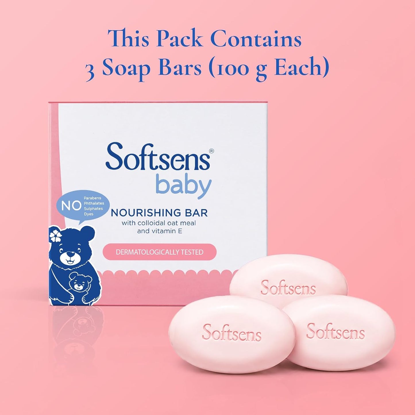 Softsens Baby Nourishing Bar Soap 100g each x 3 (300g) | Deep Nourishing & Gentle Cleansing | With Colloidal Oatmeal & Vitamin E | Dermatologically Tested, Hypoallergenic & Free from Parabens, SLS & SLES