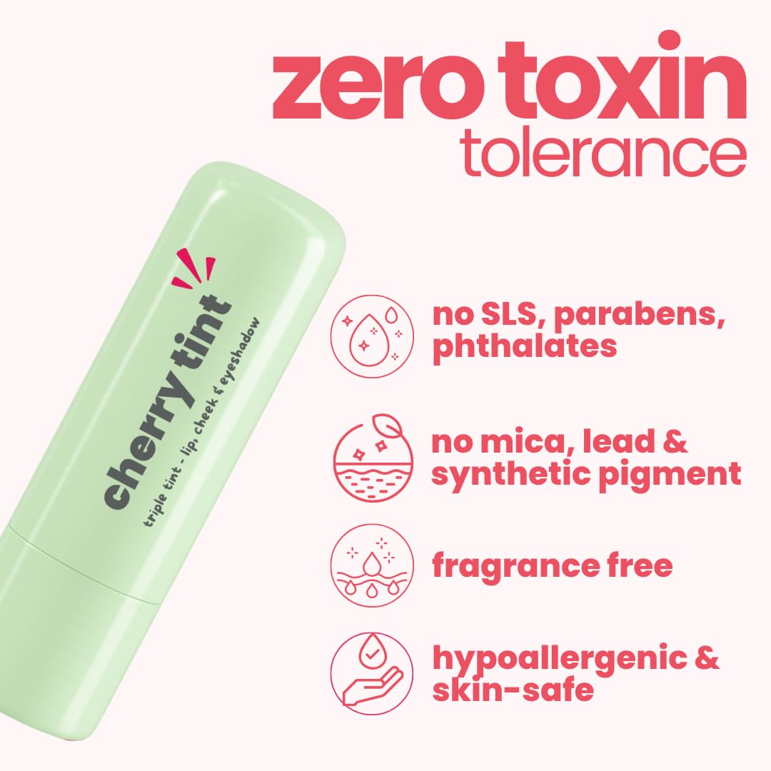 Green lip balm with 'cherry tint' branding on a white background, featuring text about zero toxin tolerance.
