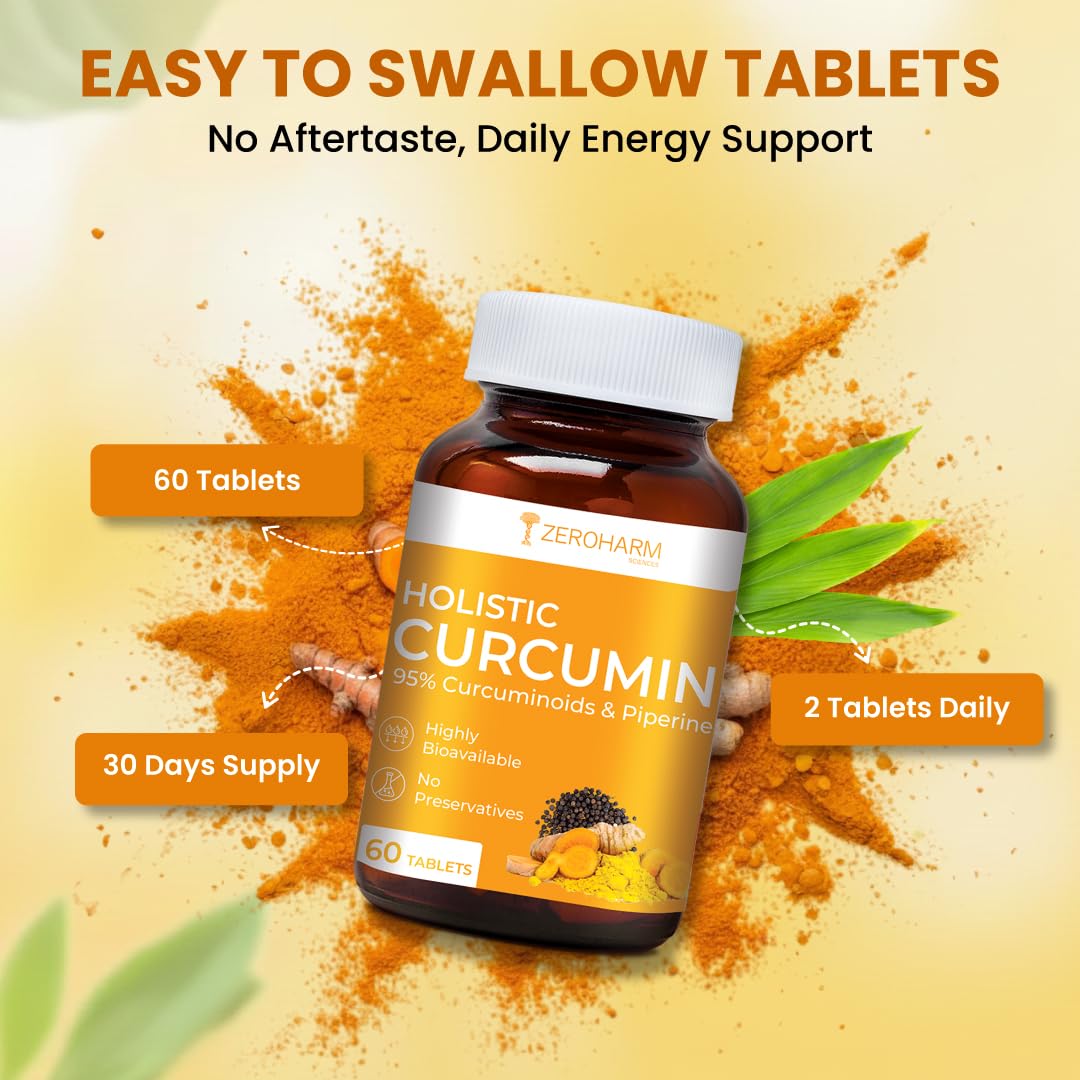 ZEROHARM Holistic Nano Curcumin Tablets with 95% Curcuminoids & Piperine | Turmeric Supplement for Joints, Immunity & Pain Relief | Antioxidant and Anti Inflammatory | For Men & Women | 60 Tablets