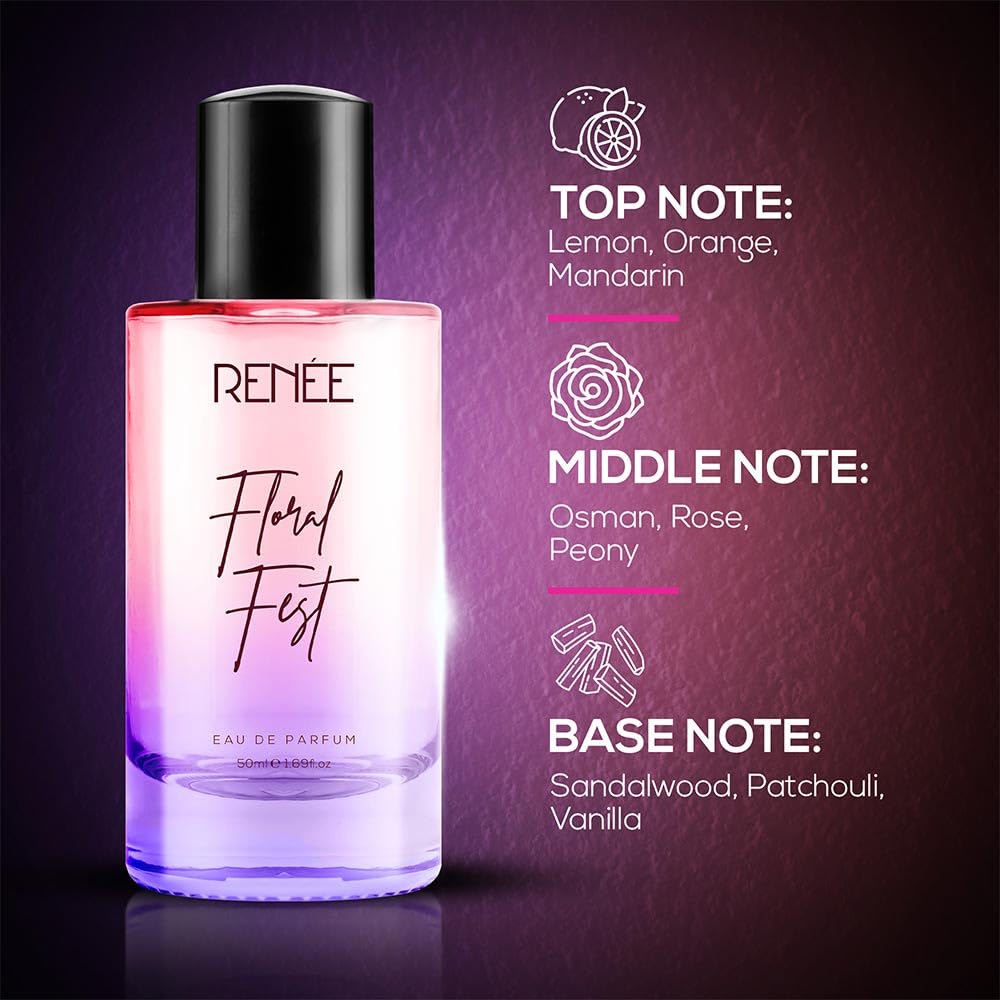 RENEE Floral Fest Eau De Parfum, Premium Long-lasting Fragrance With Notes of Orange, Mandarin, Osmanthus, Rose & Vanilla, Scent for Every Occasion, Ideal Perfume for Women, 50Ml
