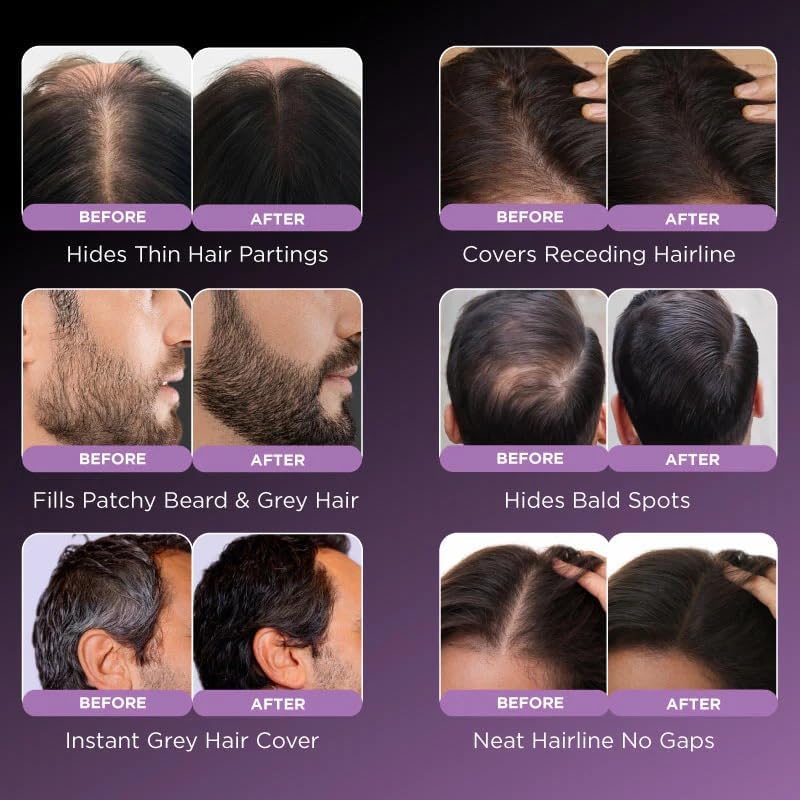 Before and after hair treatment results on a purple background