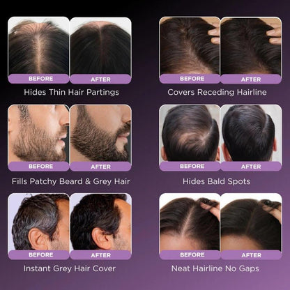 Before and after hair treatment results on a purple background