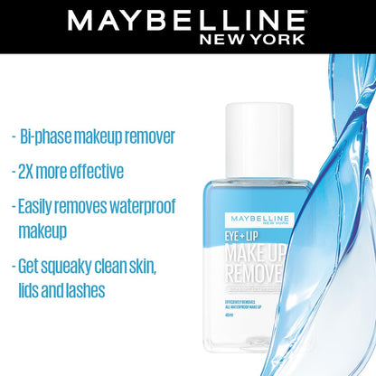 Maybelline New York Biphase Eye + Lip Makeup Remover, 2X More Effective and Fragrance Free Easy to Use Makeup Remover, Water-proof Make-up Remover With Addition of Pro-Vitamin B5 | 40 ml