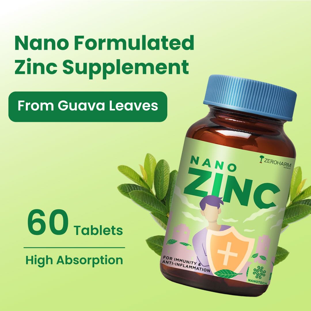 ZEROHARM Nano Zinc Tablets | Guava Leaves Extract | High Absorption Zinc Supplement for Immunity, Skin, Hair, Bone, Vision & Cognitive Health | For Men & Women | 600mg per Serving | 60 Veg Tablets