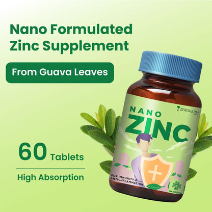 ZEROHARM Nano Zinc Tablets | Guava Leaves Extract | High Absorption Zinc Supplement for Immunity, Skin, Hair, Bone, Vision & Cognitive Health | For Men & Women | 600mg per Serving | 60 Veg Tablets