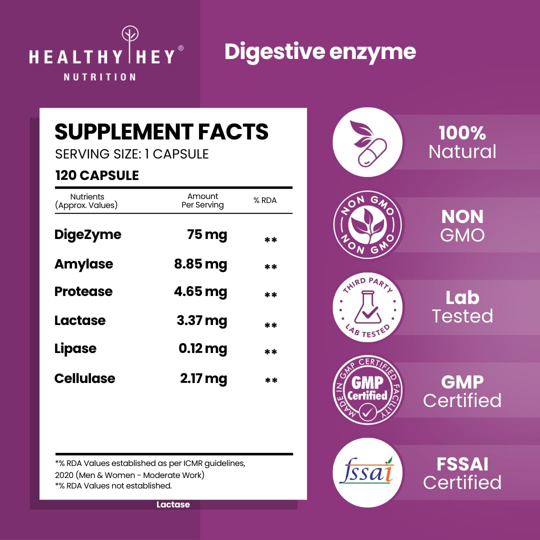 Supplement facts label for Digestive Enzyme by Healthy Hey Nutrition on a purple background.