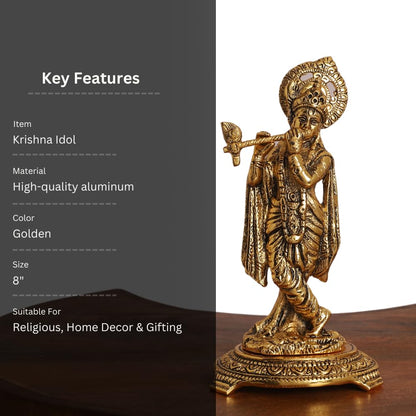 Gold Plated Lord Krishna Playing Flute Idol – Standing Pose Showpiece for Pooja, Mandir & Home Décor