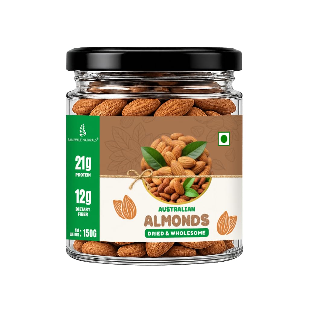 Baniwale Pure California Almonds/Badam Whole, 150g, Real Nuts, High in Fiber, Badam Giri, Rich in Protein, Magnesium, Phosphorus and Dietary Fibre, Nuts & Dry Fruits, Value Pack