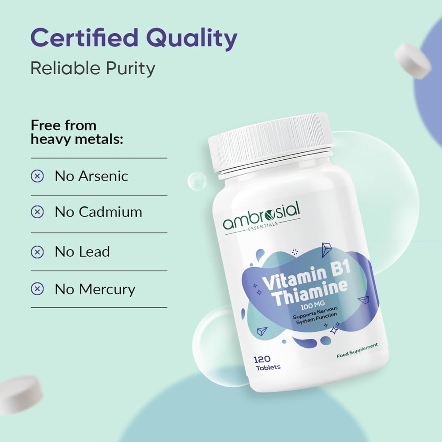 Vitamin B1 Thiamine supplement bottle with certification text on a light green background