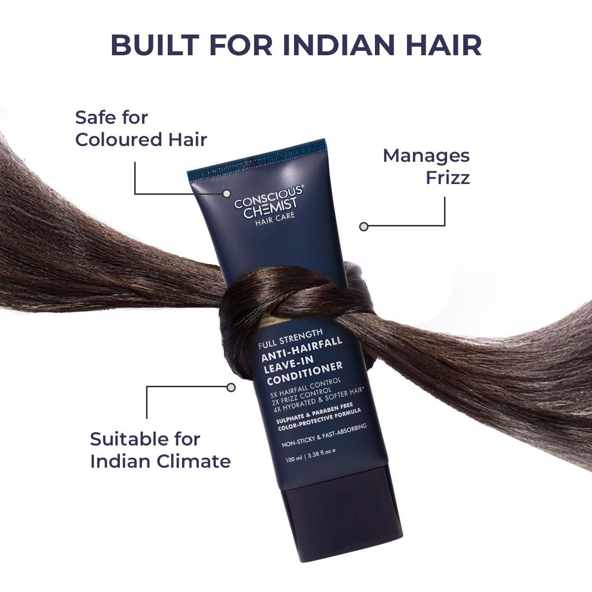 Conscious Chemist hair care product with text highlighting features for Indian hair