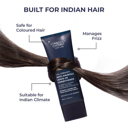 Conscious Chemist hair care product with text highlighting features for Indian hair