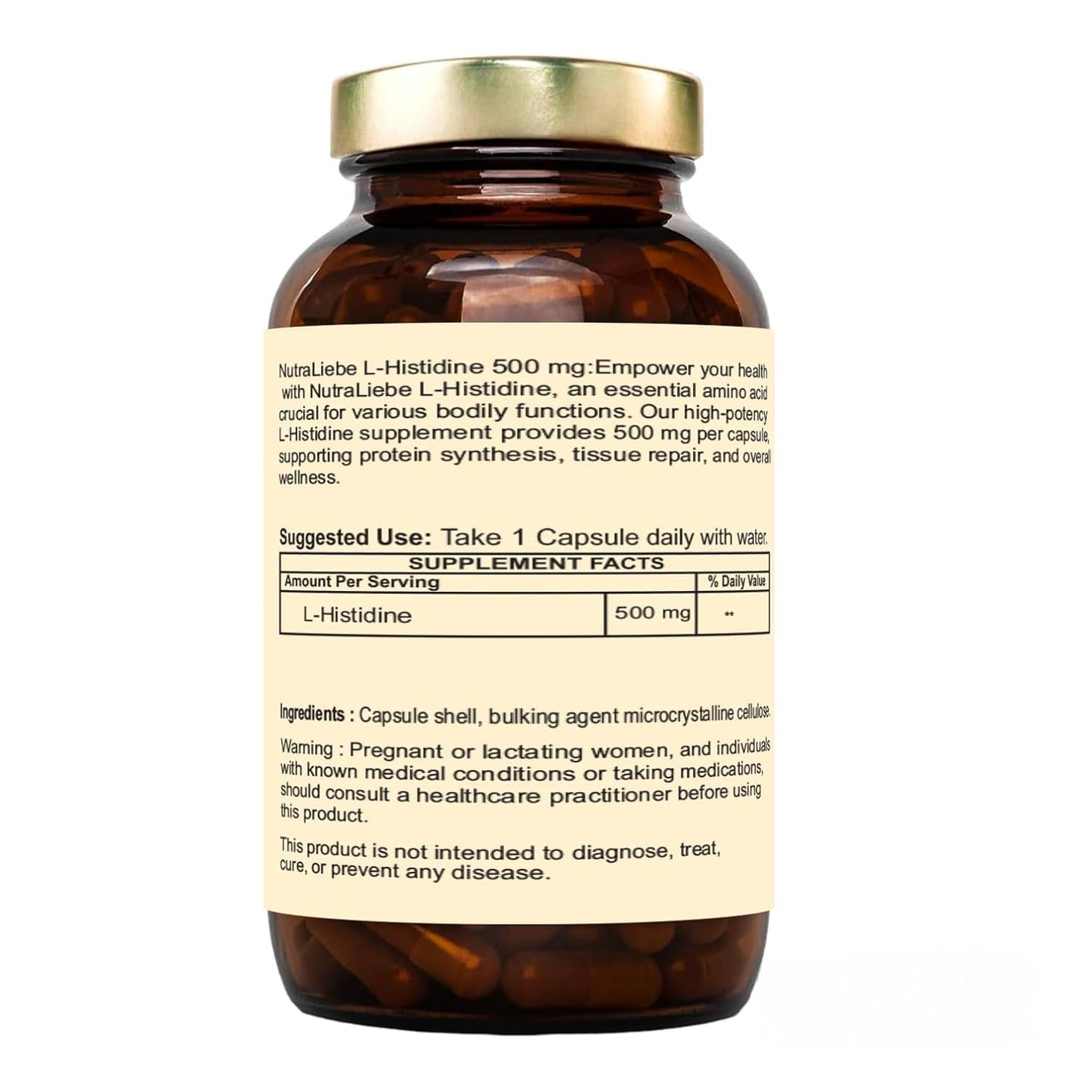 Nutraliebe L-Histidine 500mg - Essential Amino Acid, 90 Capsules for Protein Synthesis and Tissue Repair