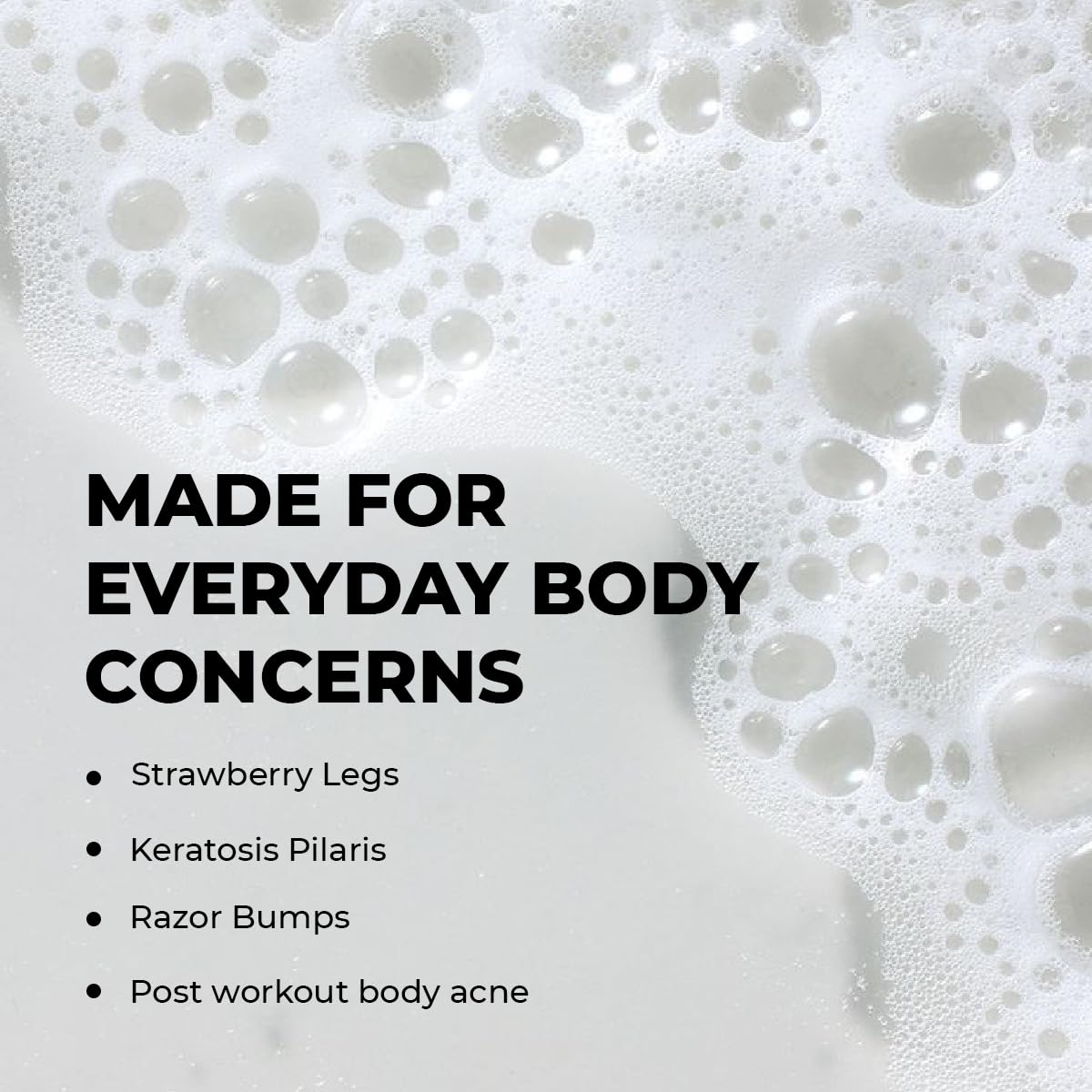 Foamy background with text about everyday body concerns and product uses.
