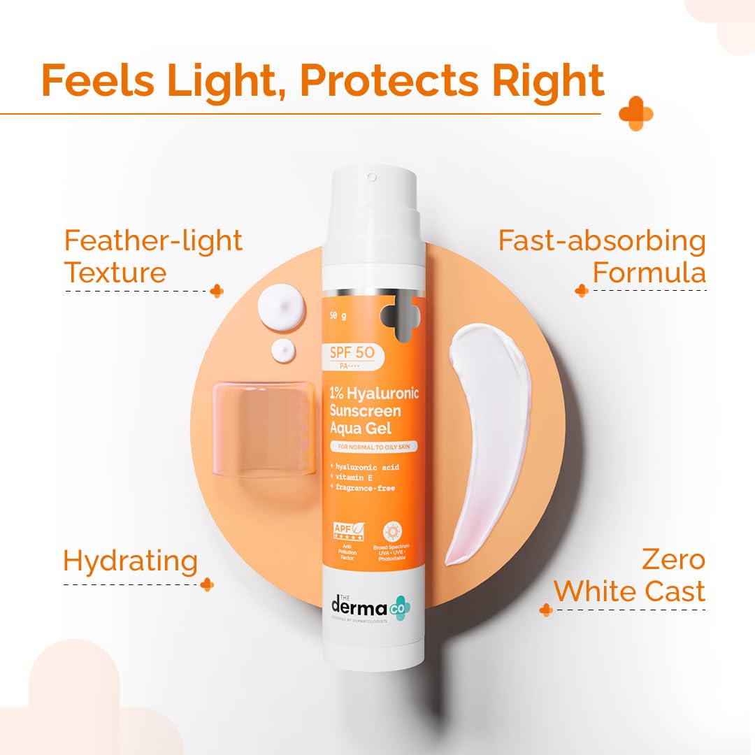 The Derma Co 1% Hyaluronic Sunscreen Aqua Gel SPF 50 PA++++ | Hyaluronic Acid for Deep, Long Lasting Hydration | Ultra Lightweight Texture I Non-Greasy, No White Cast | Broad Spectrum Protection & Blue Light Protection| 50 g
