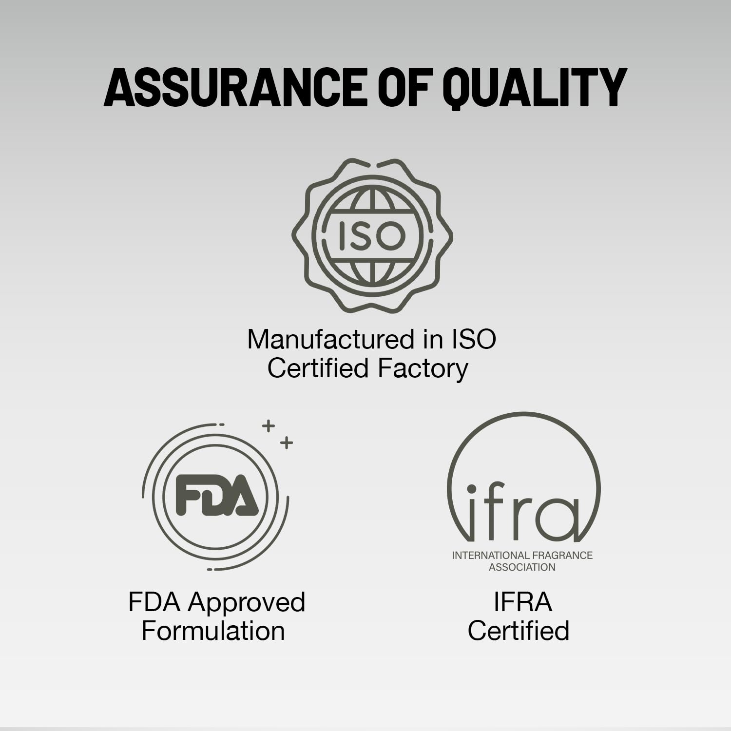 Quality assurance logos including ISO, FDA, and IFRA on a gray background