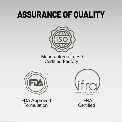 Quality assurance logos including ISO, FDA, and IFRA on a gray background