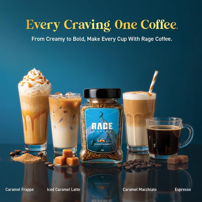 RAGE COFFEE Creme Caramel - Flavored Instant Coffee Powder for both Hot & Cold Coffee, 100% Single Origin Arabica Coffee Beans Powder, Premium Coffee Infused with Plant Vitamins (CREME CARAMEL)