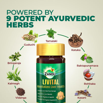 Zandu LIVITAL supplement bottle with 9 potent Ayurvedic herbs on a beige background