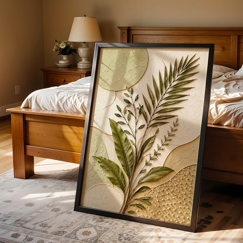 Botanical Leaf Wall Painting with Frame Set of 1 | Premium Textured Green Palm Leaf Artwork, Modern Nature Wall Decor for Living Room, Bedroom, Office and Home Decoration (Art-14,10x13inch)