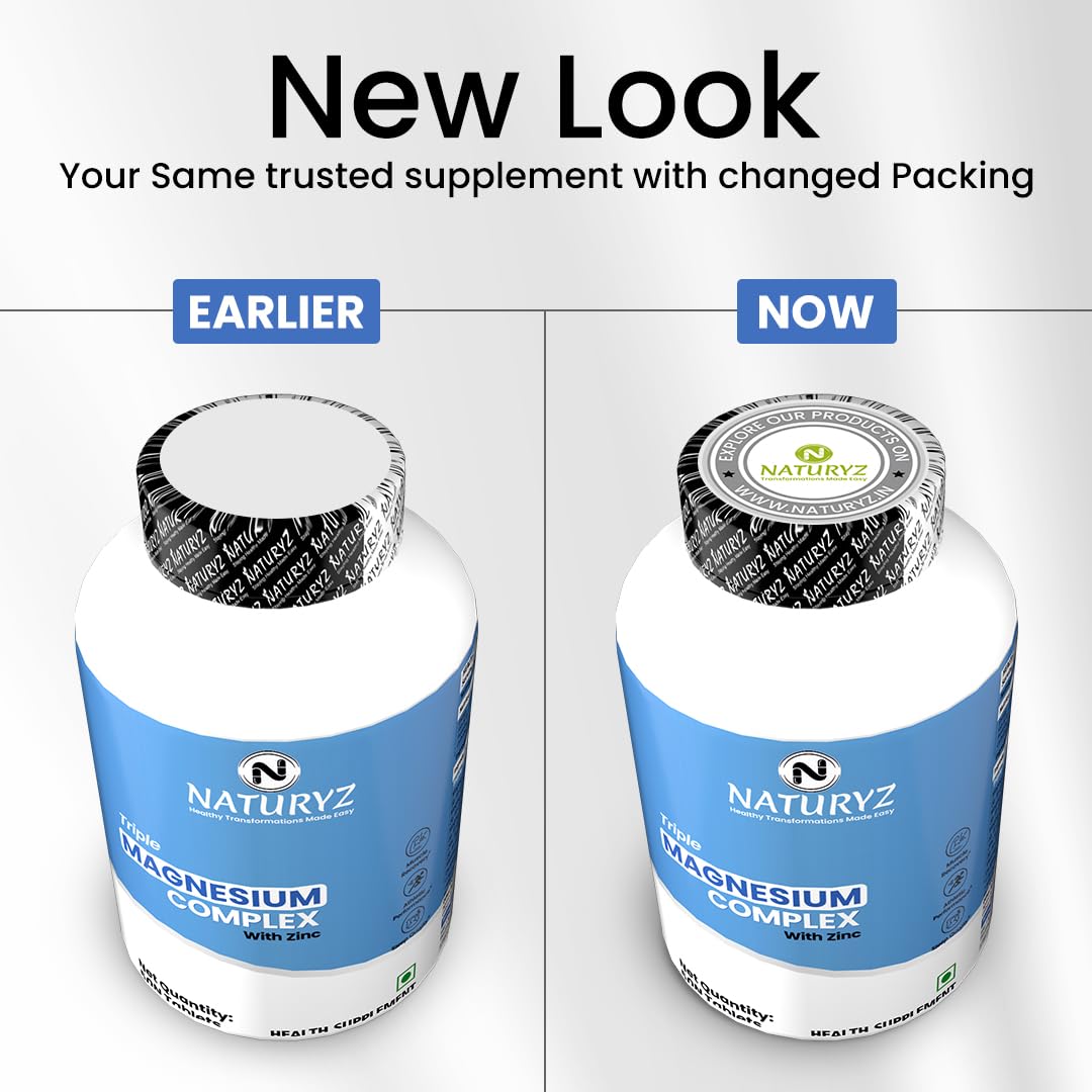 Comparison of Naturyz Magnesium Complex supplement packaging between 'Earlier' and 'Now' on a white background.