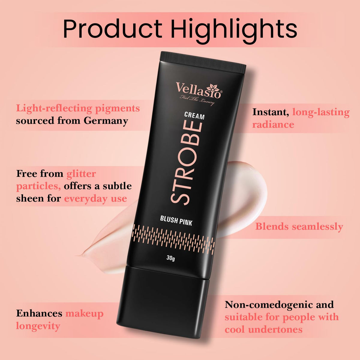 Vellasio Strobe cream tube with product highlights on a pink background