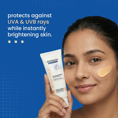 DERMDOC SPF 50 Ultra Violet Brightening Tinted Sunscreen with 4% Niacinamide, 50 gm | PA +++ | With Peach Tint | Lightweight | UVA & UVB Protection | For Medium To Dusky Skin | Improves Skin Texture | Breathable & Weightless Finish