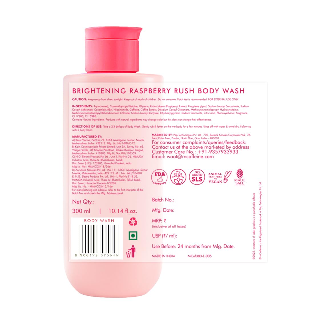 mCaffeine Brightening Body Wash - 5% Niacinamide & Raspberry | Summer Body Wash for Dry Skin | Vitamin C & Glycerin Hydration | Boosts Glow, Deep Cleanses & Softens Skin | Fruity Shower Gel - 300ml
