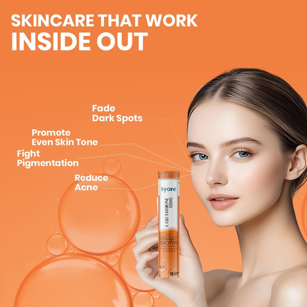 Woman holding a skincare product with text on an orange background