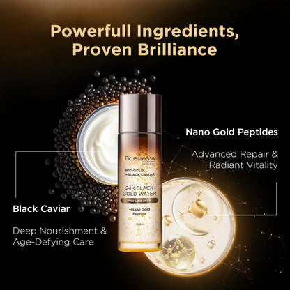 Bio-Essence Bio-Gold 24K Gold Black Gold Water (100ml) | Essence for Hydrating skin, Smoothening wrinkles, Glowing skin and Reducing Dark spots | For all skin types