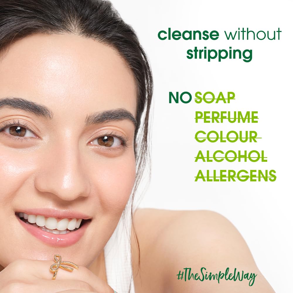 Woman with a clean face and text about skincare products on a white background