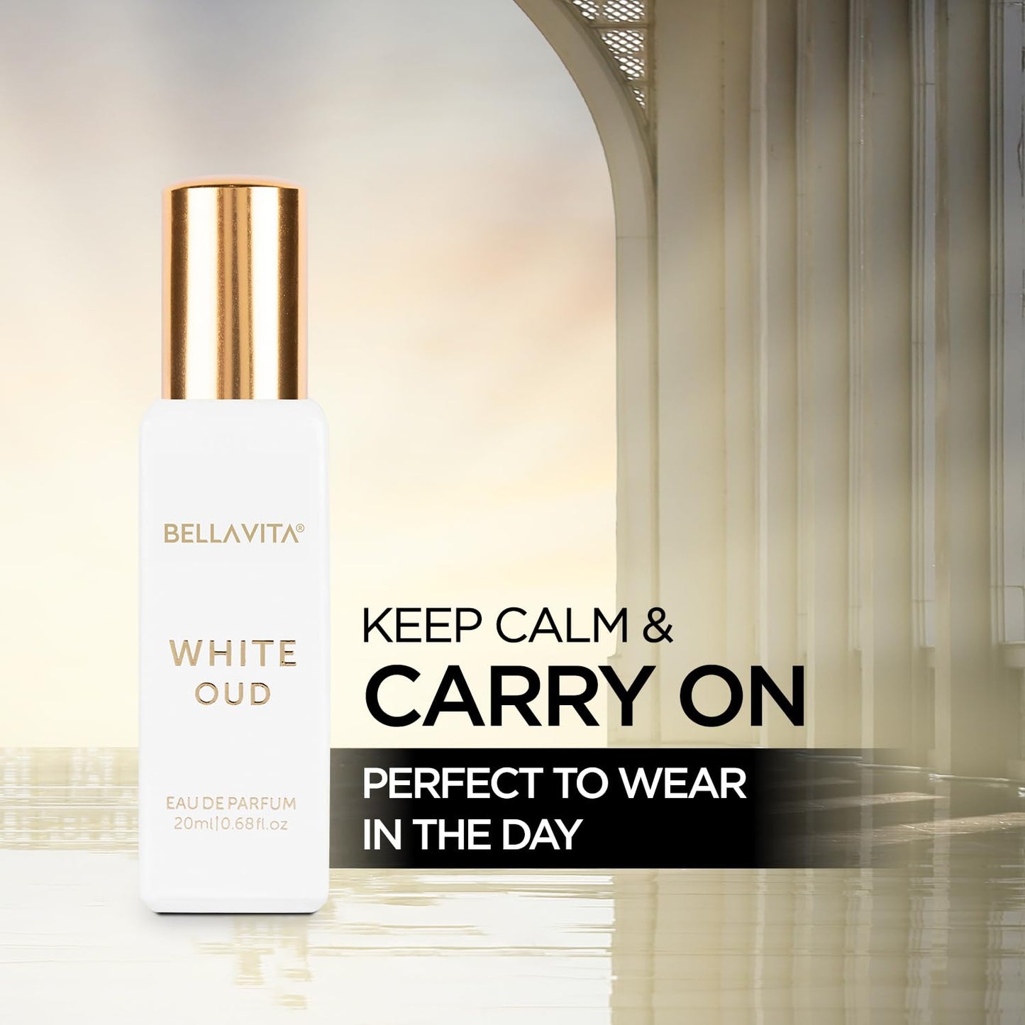 Bellavita White Oud perfume bottle with text on a blurred background