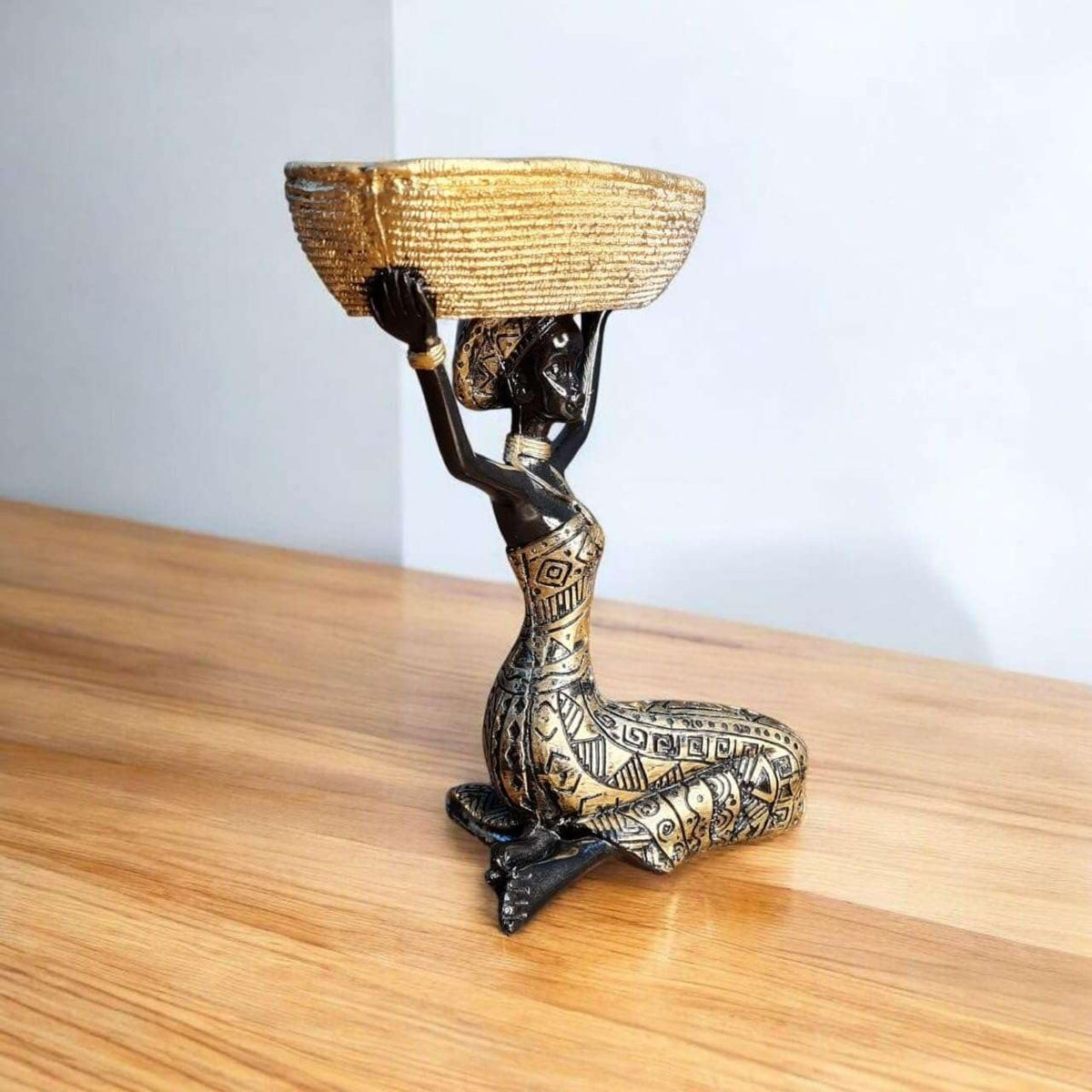 Polyresin African Lady Idol Pair for Home Decor | Tribal Woman Holding Basket Bowl Showpiece | Modern Art Table Accent | 20x15x23 cm | Regular Quality