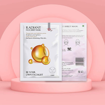 O3+ Facialist Radiant Face Sheet Mask for Oxygenates and tightens pores to reduce uneven skin tone