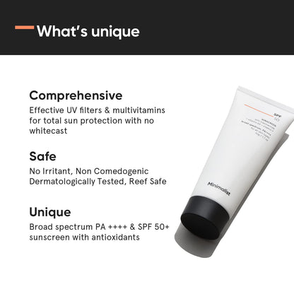 Minimalist Sunscreen SPF 50 PA++++ | Clinically Tested in US (In-Vivo) | Lightweight Cream with Multi-Vitamins | No White Cast | Broad Spectrum Niacinamide Sunscreen For Oily Skin, Dry Skin | For Women & Men | 50g (Pack of 1)