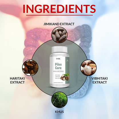 Piles Care supplement bottle with ingredients listed around it on a colorful background