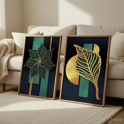 Golden Leaf Wall Painting Set of 2 with Wooden Frames | Modern Botanical Leaf Artwork HD Sparkle Laminated MDF Wall Decor | Luxury Abstract Leaf Wall Art for Living Room