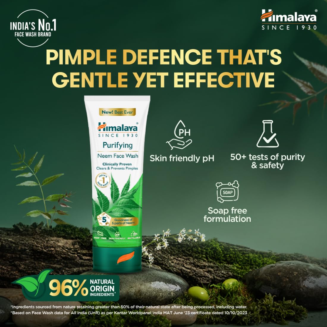 Himalaya Neem Face Wash tube with product features on a green background