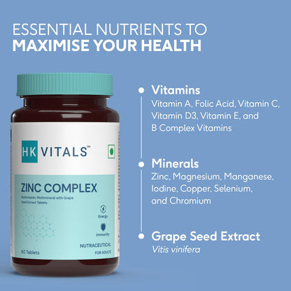 HealthKart HK Vitals Zinc Supplements (60 Tablets) | With Vitamin C, Vitamin D3, Multivitamin and Multimineral | Immunity Boosters For Adults