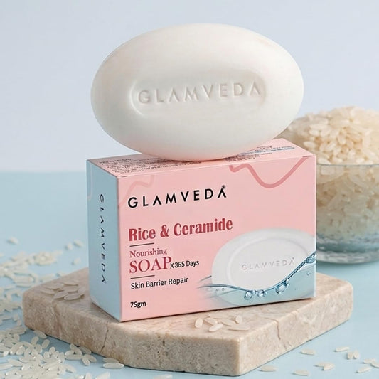 Glamveda Rice & Ceramide Skin Brightening Soap with Hyaluronic Acid | Deeply Nourishes & Moisturised | Soft & Smooth Skin | Soap for Men & Women | 75 g (Pack of 1)