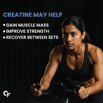 Woman exercising on a bike with text about creatine benefits on a black background