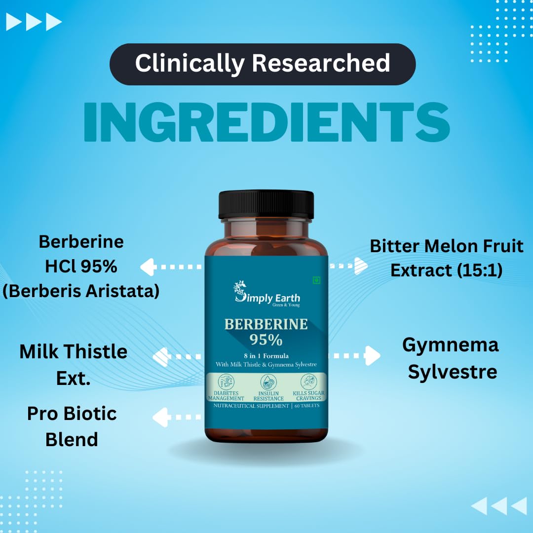 Simply Earth Berberis Berberine 95% (500mg) with Milk Thistle & Cinnamon, Turmeric & Black Pepper - For Optimal Health | Berberine HCL Supplements - 60 Veg Tablets