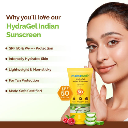 Mamaearth HydraGel Indian Sunscreen with Aloe Vera and Raspberry for Sun Protection | SPF 50 & PA++++ Protection | Shields from UVA & UVB Rays | Tan Protection | Non-Sticky & Light | 50 g